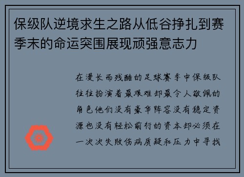 保级队逆境求生之路从低谷挣扎到赛季末的命运突围展现顽强意志力 保级队逆境求生之路从低谷挣扎到赛季末的命运突围展现顽强意志力