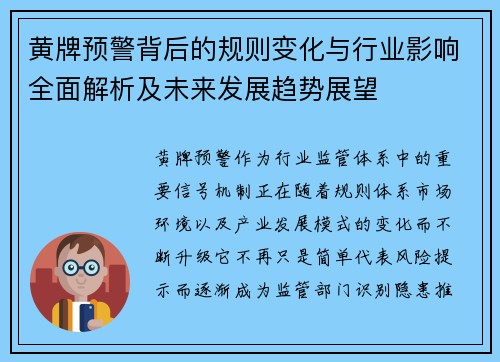 黄牌预警背后的规则变化与行业影响全面解析及未来发展趋势展望